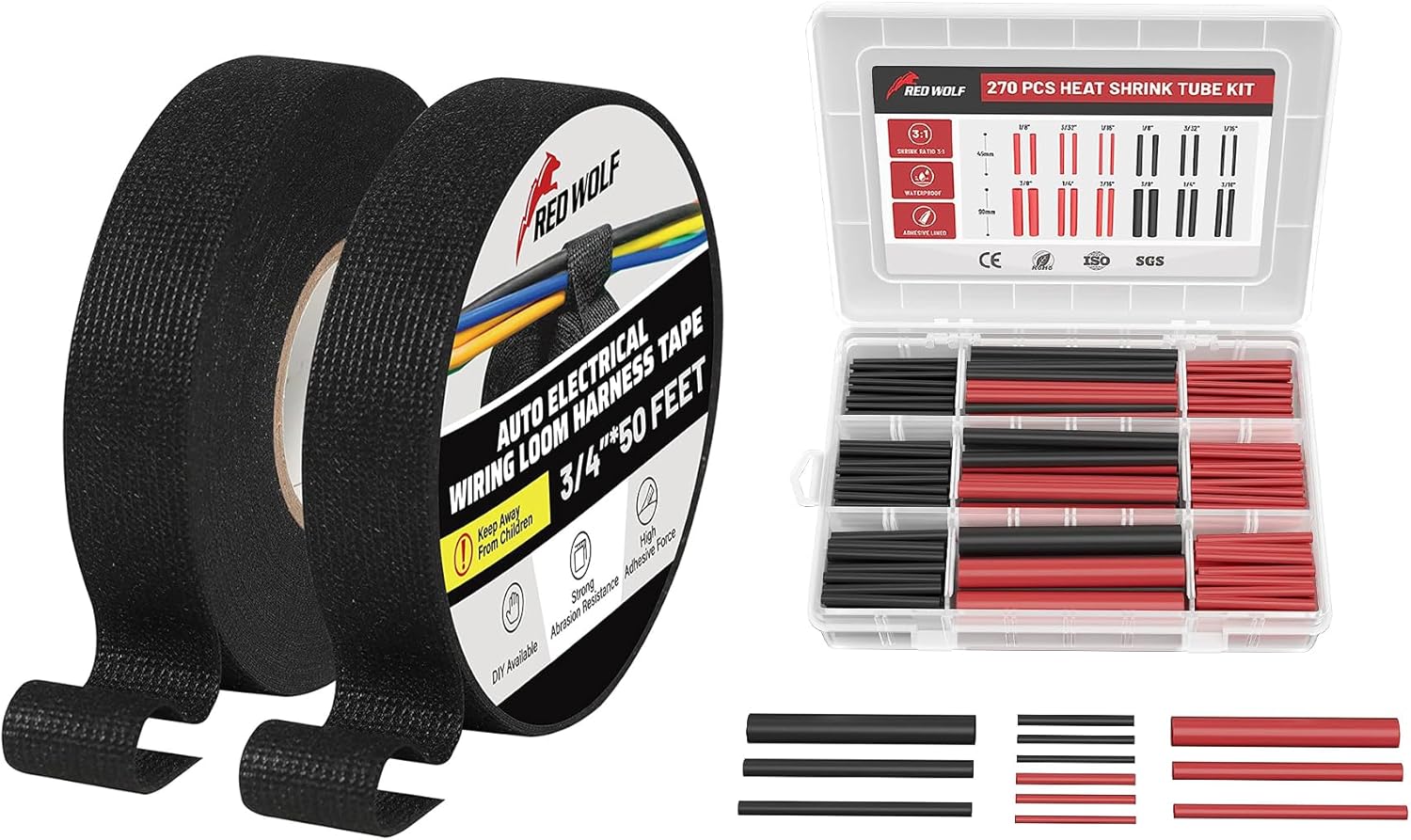 RED WOLF 3/4" - 50FT 2 Rolls Wire Cloth Tape w/3:1 Heat Shrink Tubing Kit Adhesive for Automobile Electrical Harness Wrap Noise Damping Protection Insulation Cable Fixed 270 PCS Black Red