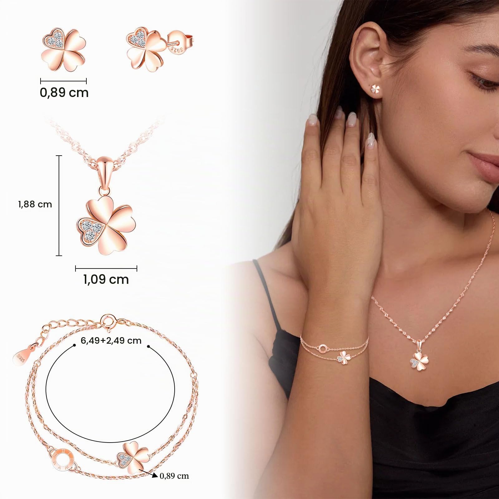 Juegos de 3 Collar Pendientes y Pulsera para Mujer y Niñas, Colgante Trébol con Cadena 45cm, Aretes Trébol Circonita, Pulsera Trébol Oro Rosa, Plata de Ley 925 Conjuntos Joyas