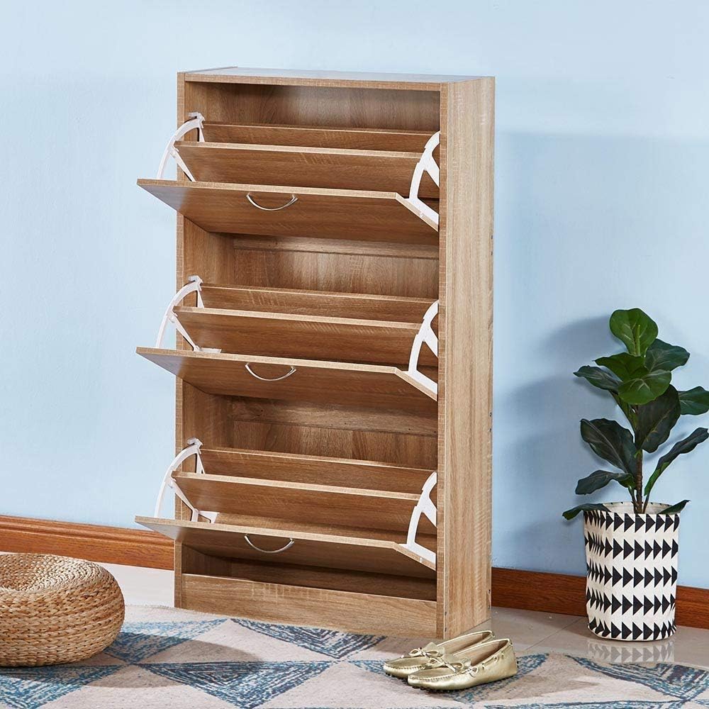 White Shoe Cabinet with 3 Drawers Wooden Shoe Rack Cupboard Cabinet Storage with Storage Organizer up to 18 Pairs (Color: Oak, Size: 3 Drawers)