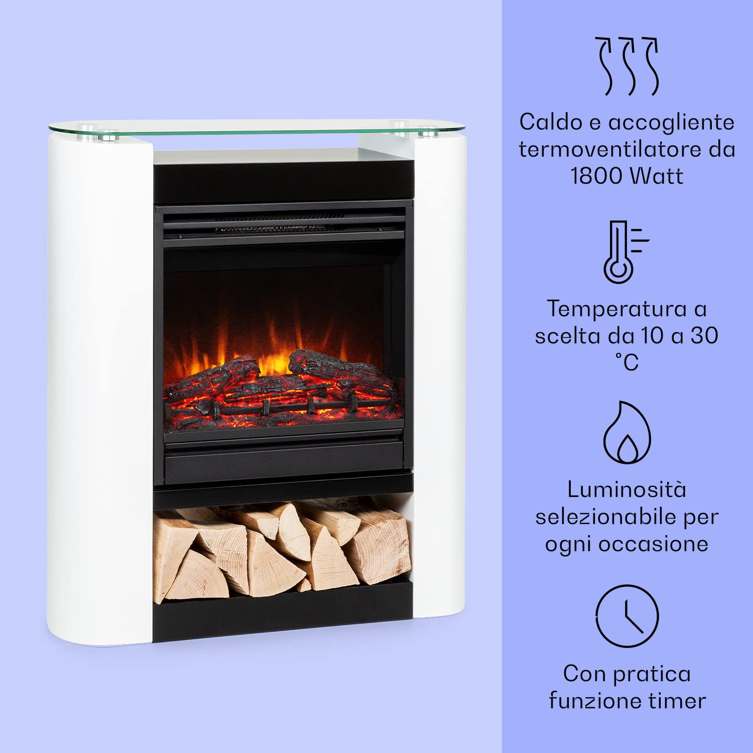 Klarstein Camino Elettrico, Camino da Parete con Mensola, Riscaldamento Elettrico con Fiamma LED, Caminetto 1800W, Finto Telecomando, Timer, Controllo Temperatura, Termocamino