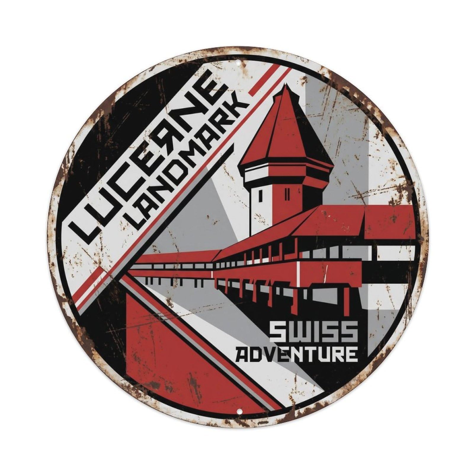 Vintage Travel Tower Switzerland Landmark 3026 Metal Tin Sign Plaque Wall Decor for Cafe, Club, Garden Round Metal Poster 8x8Inch