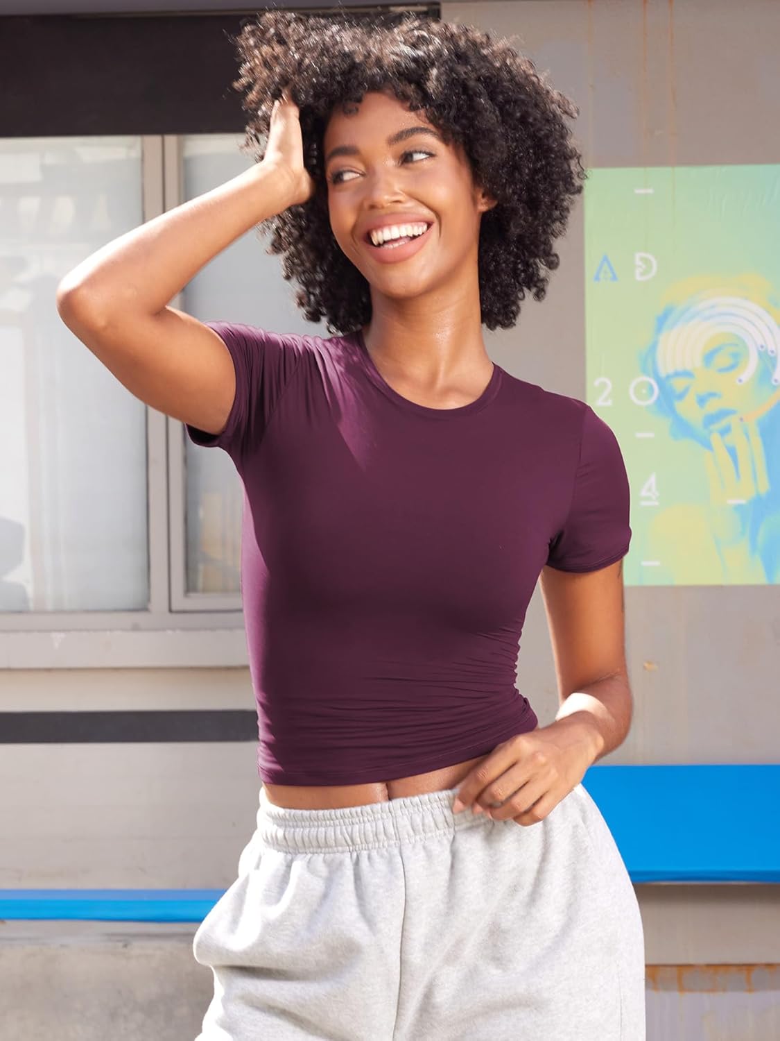 YEOREO Women Fitted Workout Tops Short Sleeve Double Lined Basic Y2K Going Out Crew Neck Compression Crop Top - Image 2