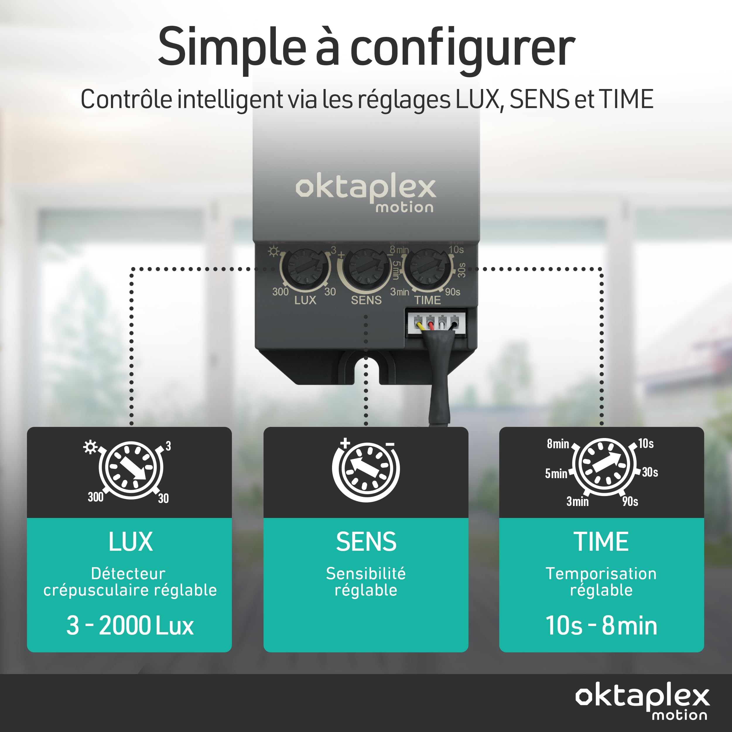 Oktaplex Jana détecteur de mouvement intégré extérieur 360 degrés capteur infrarouge 4m de diamètre IP65 / IP20 capteur de mouvement noir avec câble de 50cm