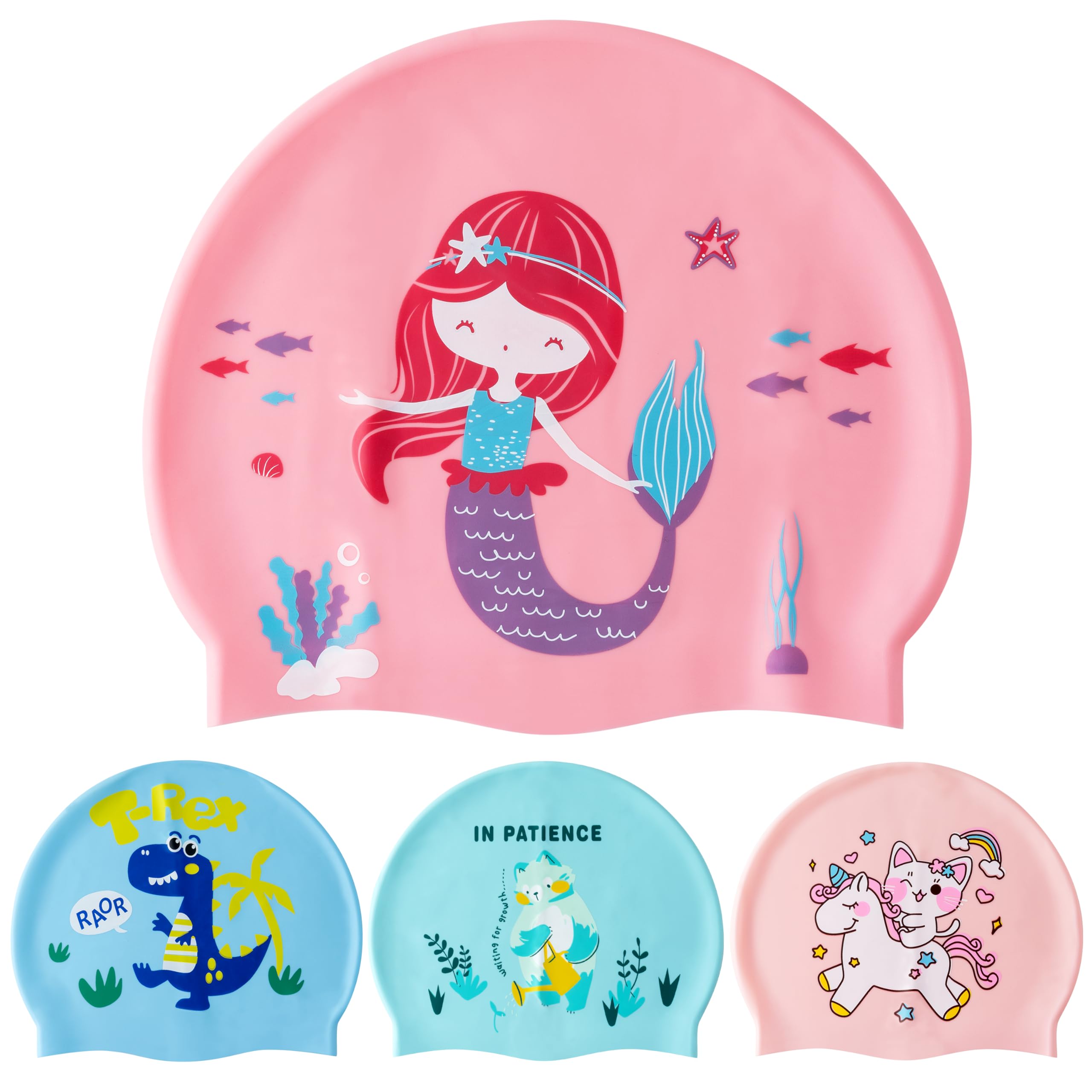 GwaOery Swimming Cap Kids Mermaid Pattern Swimming Hats for Long and Short Hair Girls Boys Kids, Silicone & Waterproof Comfortable and Stretchable Swim Hat