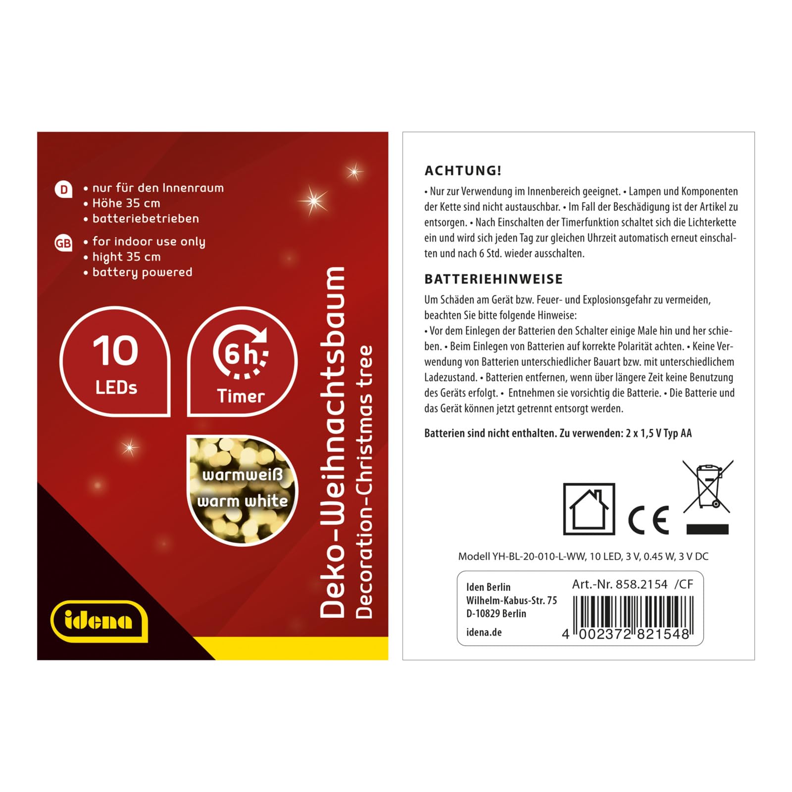 Idena 8582154 – dekoracyjna choinka z 20 diodami LED w kolorze ciepłej bieli, ok. 35 cm wysokości, z czerwoną ozdobą drzewka w doniczce, z 6-godzinnym timerem, zasilana bateriami, dekoracja do wnętrz