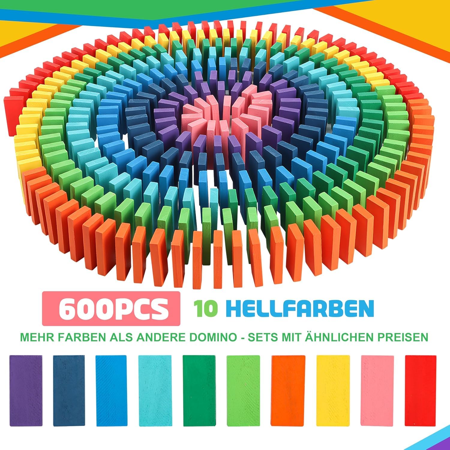 Herefun Domino Madera Juego de Bloques, Juego de Fichas de Dominó de Madera con Bolsa, 24 Bloques de Construcción, Juguete Educativo para Niños 3 4 5 (300)