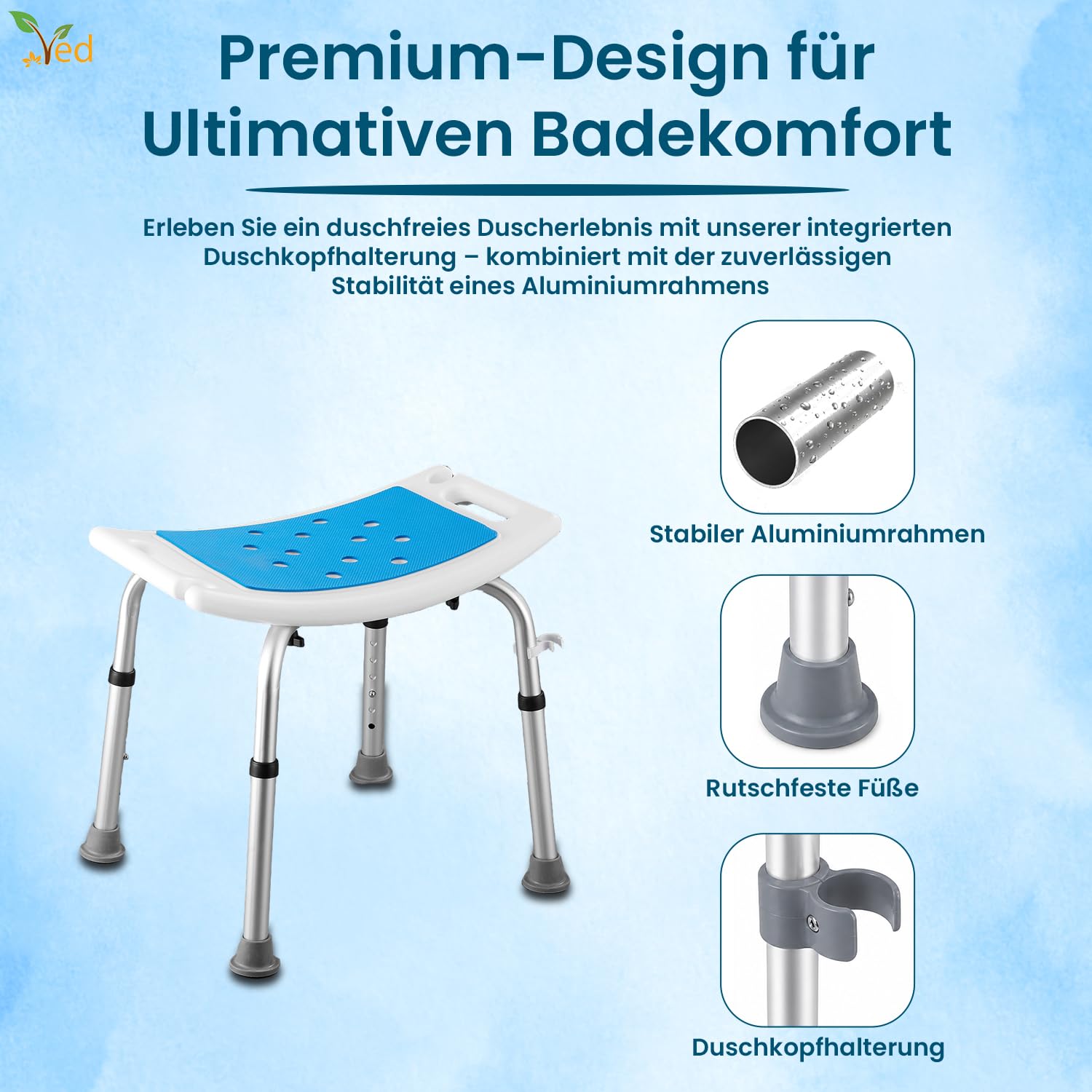 VED Verstellbarer Rutschfester Duschhocker – Leichter rostfreier Aluminium-Badestuhl für Senioren, Behinderte, Schwangere, nach Operationen, 38 bis 51 cm (52.50x52.00x39.50cm)