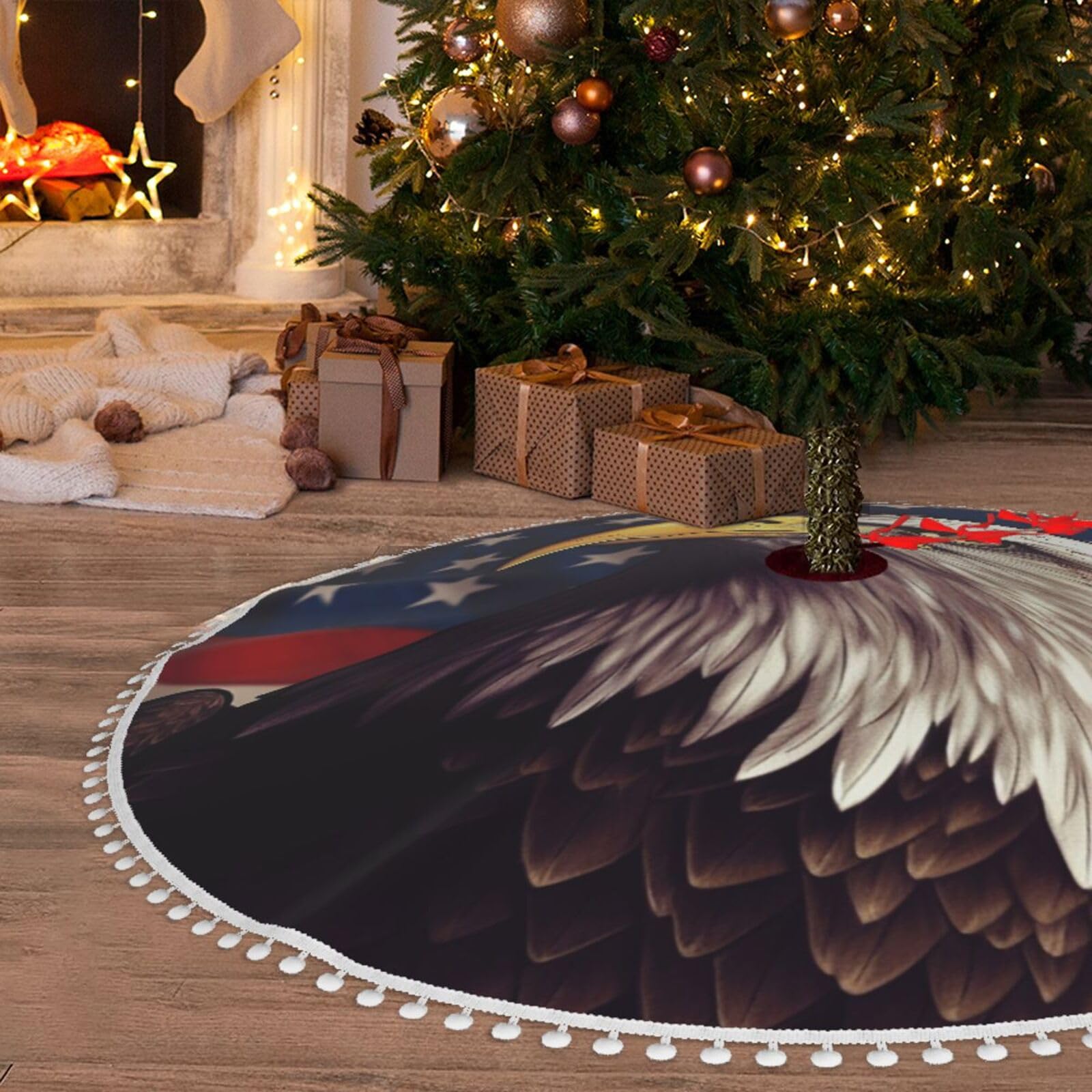 Patriotischer Weihnachtsbaumrock – USA-Flagge Mit Adler, 120 Cm Durchmesser, Aus Weichem Polyester – Für 4. Juli, Weihnachten & Feiertage