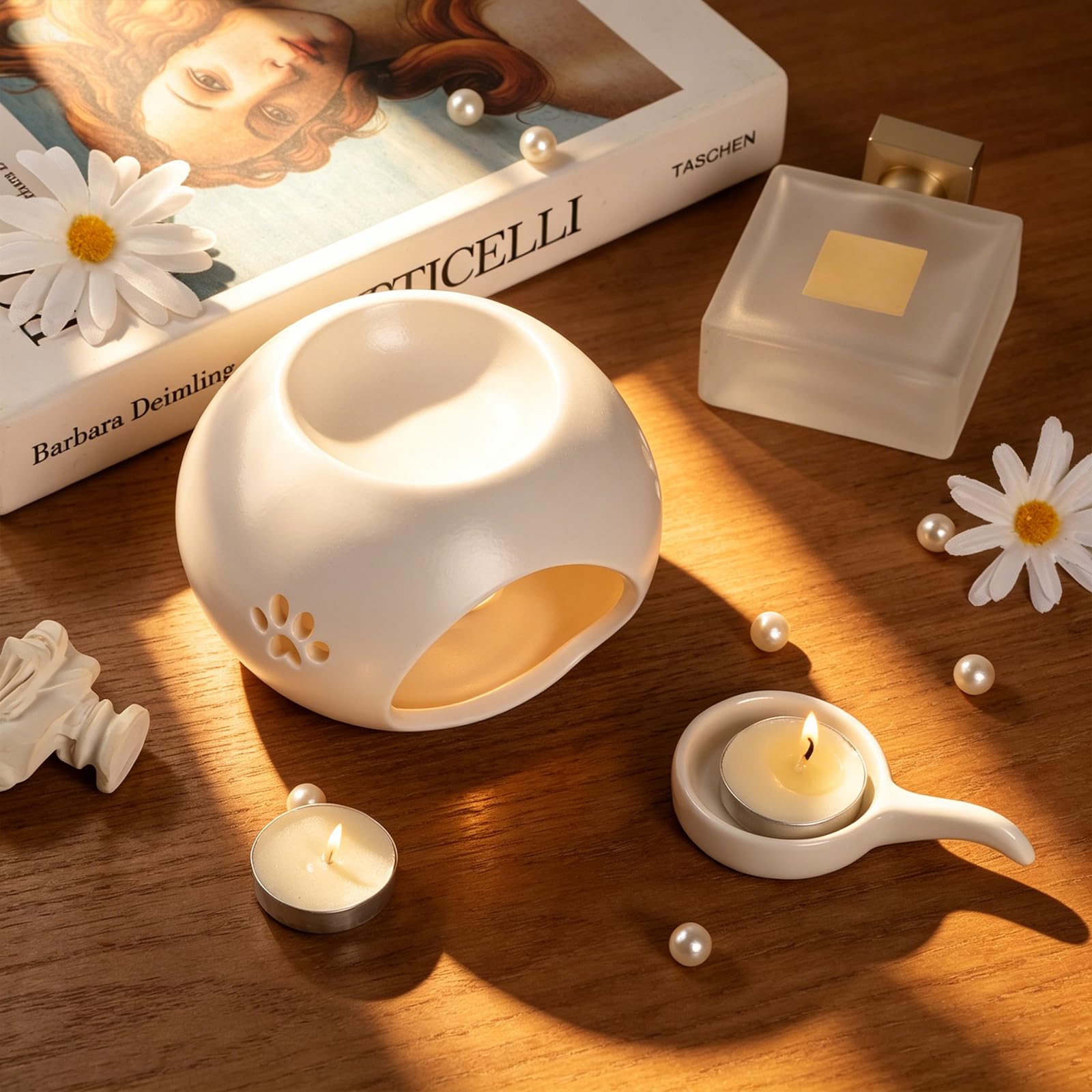 GeeRic Quemador de Vela de cerámica, quemadores de Aceite Esencial,Dispersión de Aroma para Dormitorios y Cuartos de Baño, Lámparas Aromáticas Estilo Pata de Gato con Cuchara