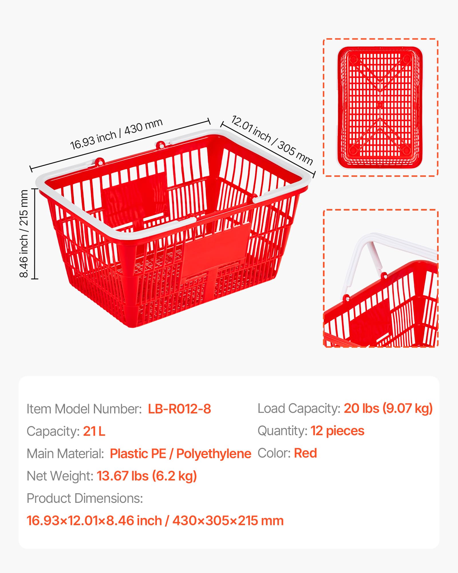 VEVOR Cestas de Compra con Asas 12 Piezas 430 x 305 x 215 mm, Apilables, de Plástico PE, Estructura de Malla Densa, Capacidad de hasta 9,07 kg, para Supermercados, Tiendas, Uso Doméstico, Rojo