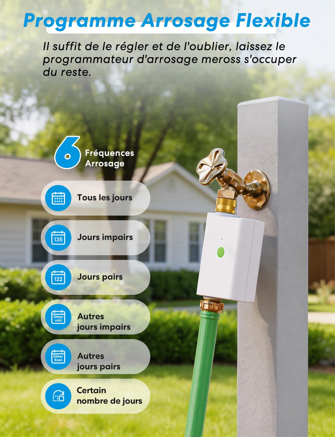 Meross Programmateur Arrosage WiFi MST100, Arrosage Automatique & Report Pluie - APP, Suivi Conso d'eau, Raccord Double en Laiton, Compatible avec Apple HomeKit, Alexa et Google Home, Blanc, 2.4GHz