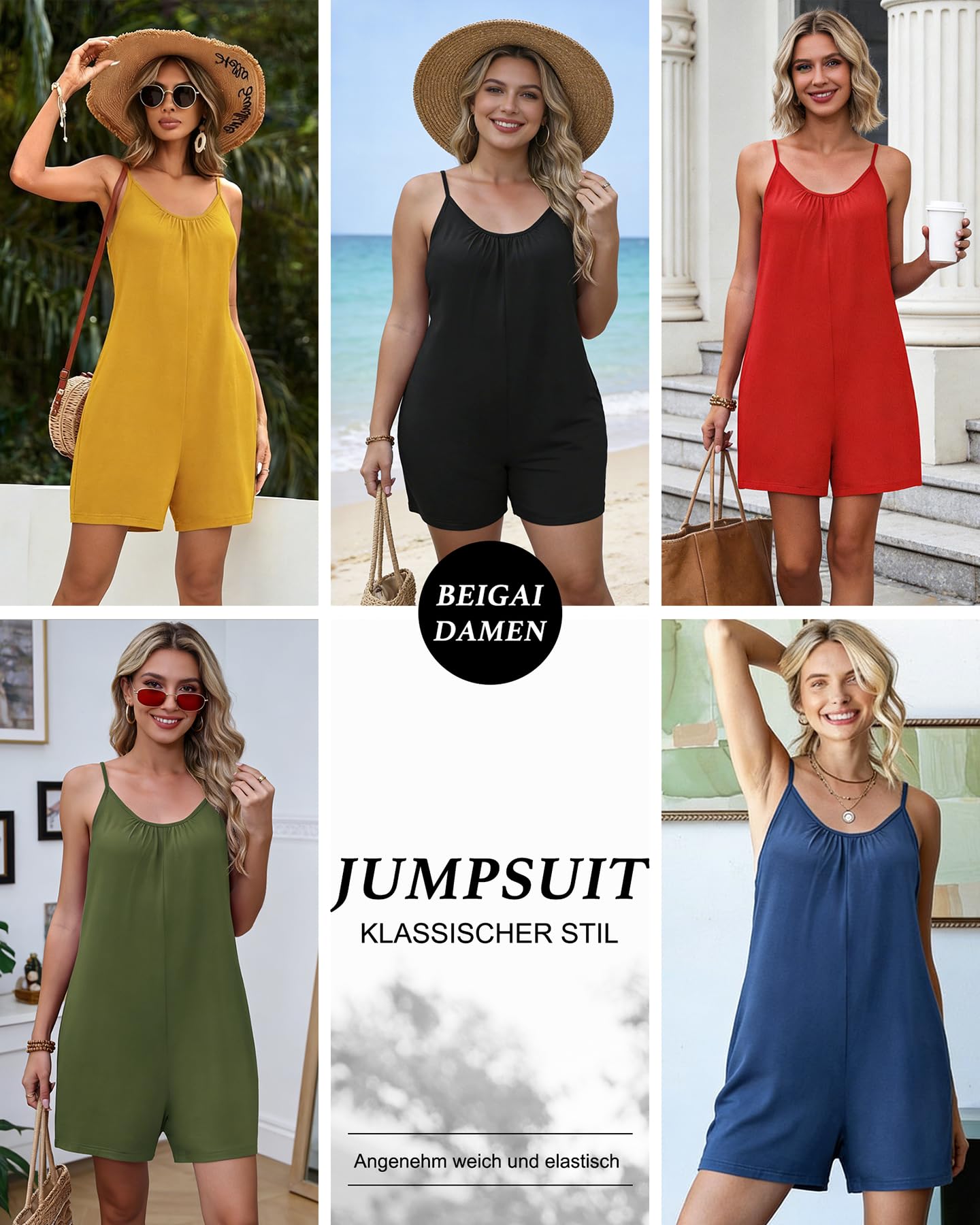 BEIGAI Salopette da donna corte, estive, pantaloni da lavoro, eleganti, casual, senza maniche, con spalline larghe, con tasche grandi