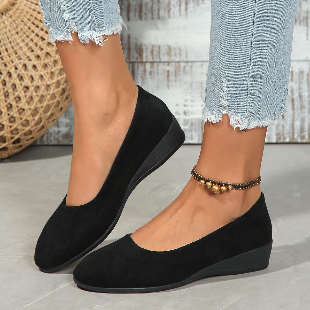 Zapatos de cuña cómodos para mujer, ligeros, no deslizantes, de tacón bajo, con cuña, informales, para trabajar, bailarina y corte