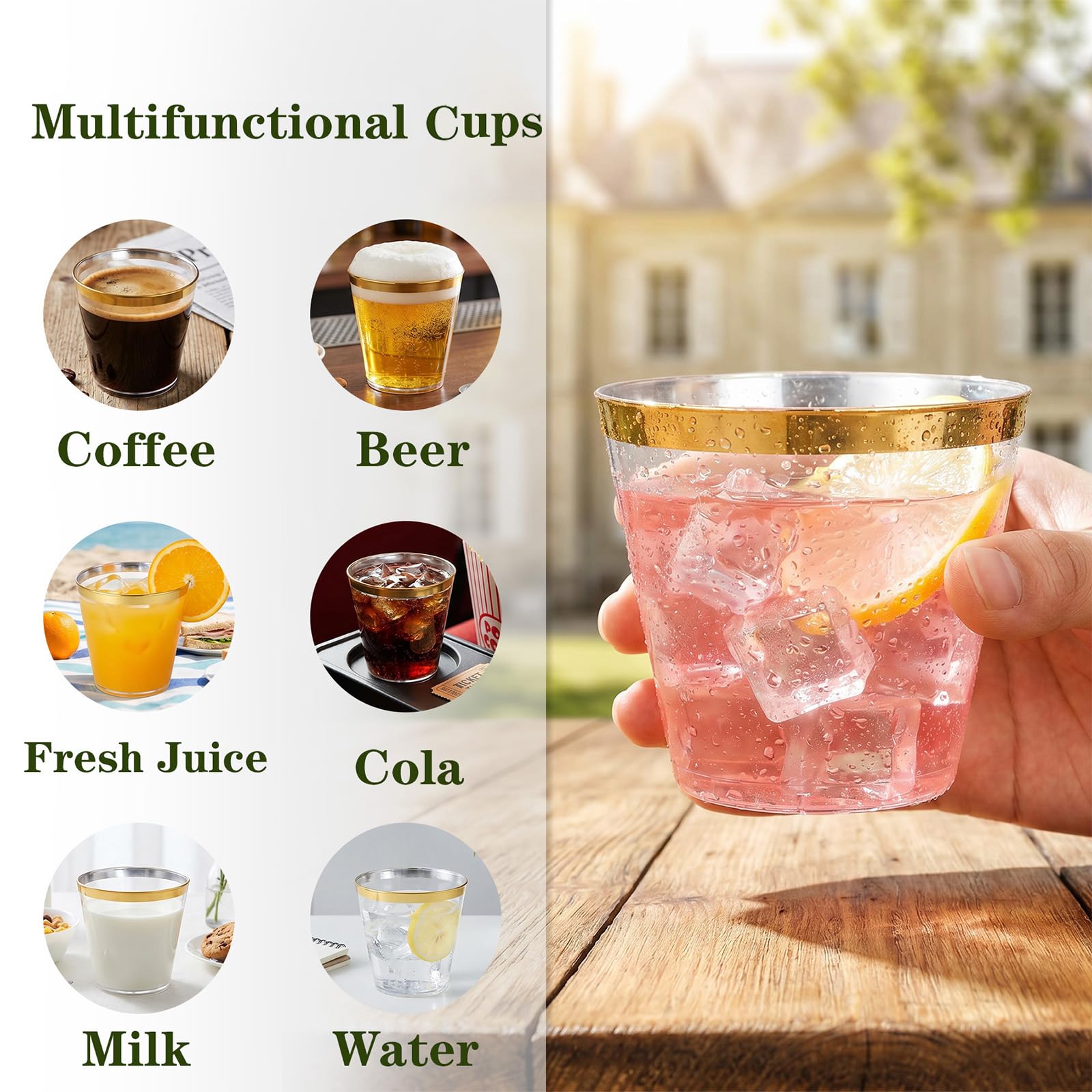 Gold Plastic Cups - 200 Pack, 9oz Elegant Rimmed -8