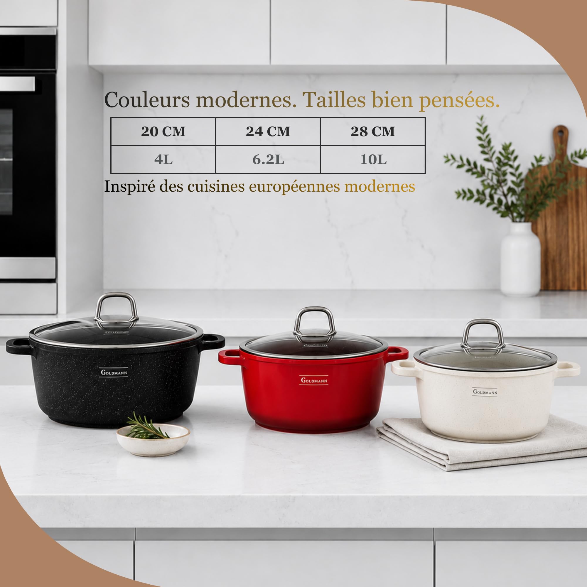 GOLDMANN en cocotte aluminium, 28 cm - 6.5 L, revêtement antiadhésif en céramique effet marbre, couvercle en verre, compatible induction et tous feux, passe au four et sans PFOA