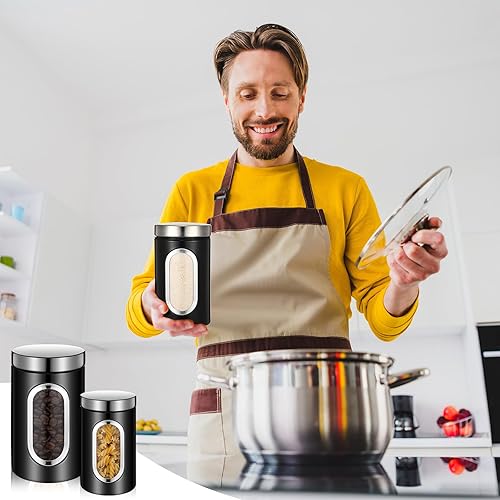 Miniatura 7 de Maxdot Juego de 6 recipientes negros para encimera de cocina, té, café, azúcar, con ventana transparente, tarro de café, contenedor de azúcar para