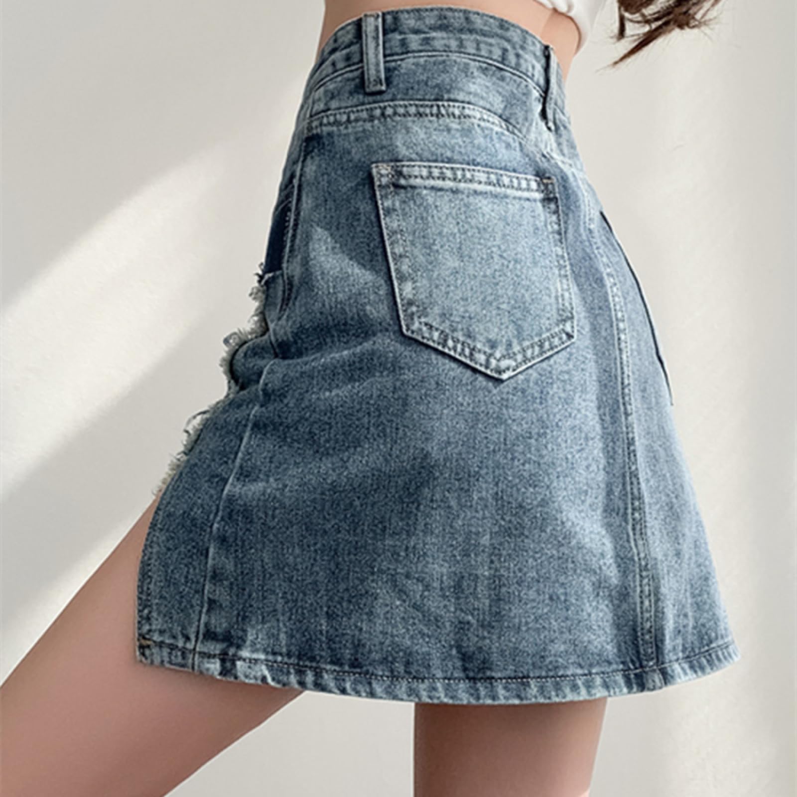 OLEETS Falda Vaquera Corta De Mujer - Falda Vaquera Informal De Cintura Alta para Mujer, Ropa De Calle De Estilo Coreano A La Moda para Primavera Y Otoño con Bolsillos De Talla Grande