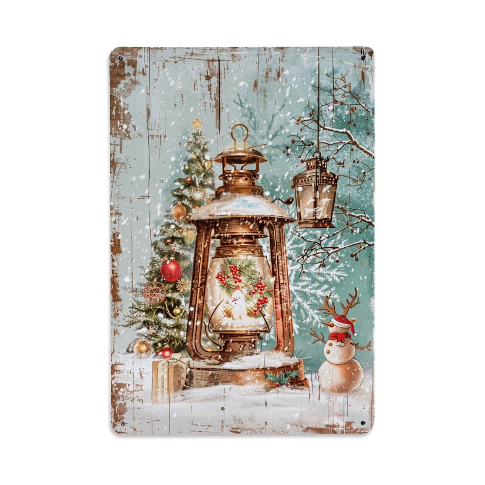 Jdfenggu Vintage Christmas Lantern Snowman Tree Gift Retro Metal Tin Sign, Decor Art Poster For Bar, Home, Man Cave, Kitchen, Laundry Room Gift 8X12inch