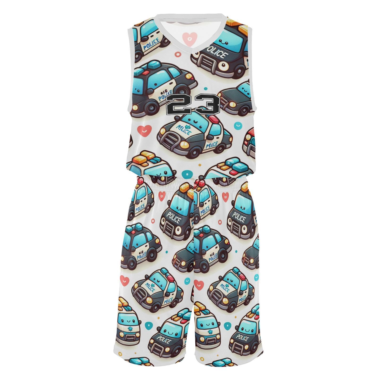 FLildon Cute Police Cars Boys Basketball Jersey Set Tank Top Shorts Tracksuit Sport Training Suit for Kids, XL