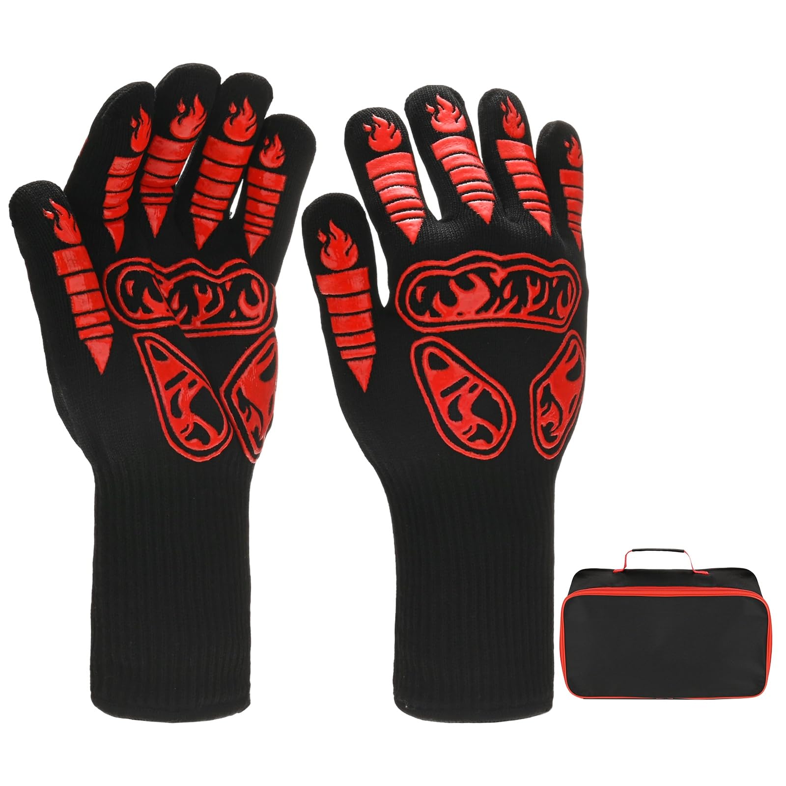 M METERXITY 1 par de guantes para barbacoa, resistentes al calor, antideslizantes, resistentes al calor, para barbacoa, hornear, cocinar, con bolsa de almacenamiento [patrón de antorcha, rojo]