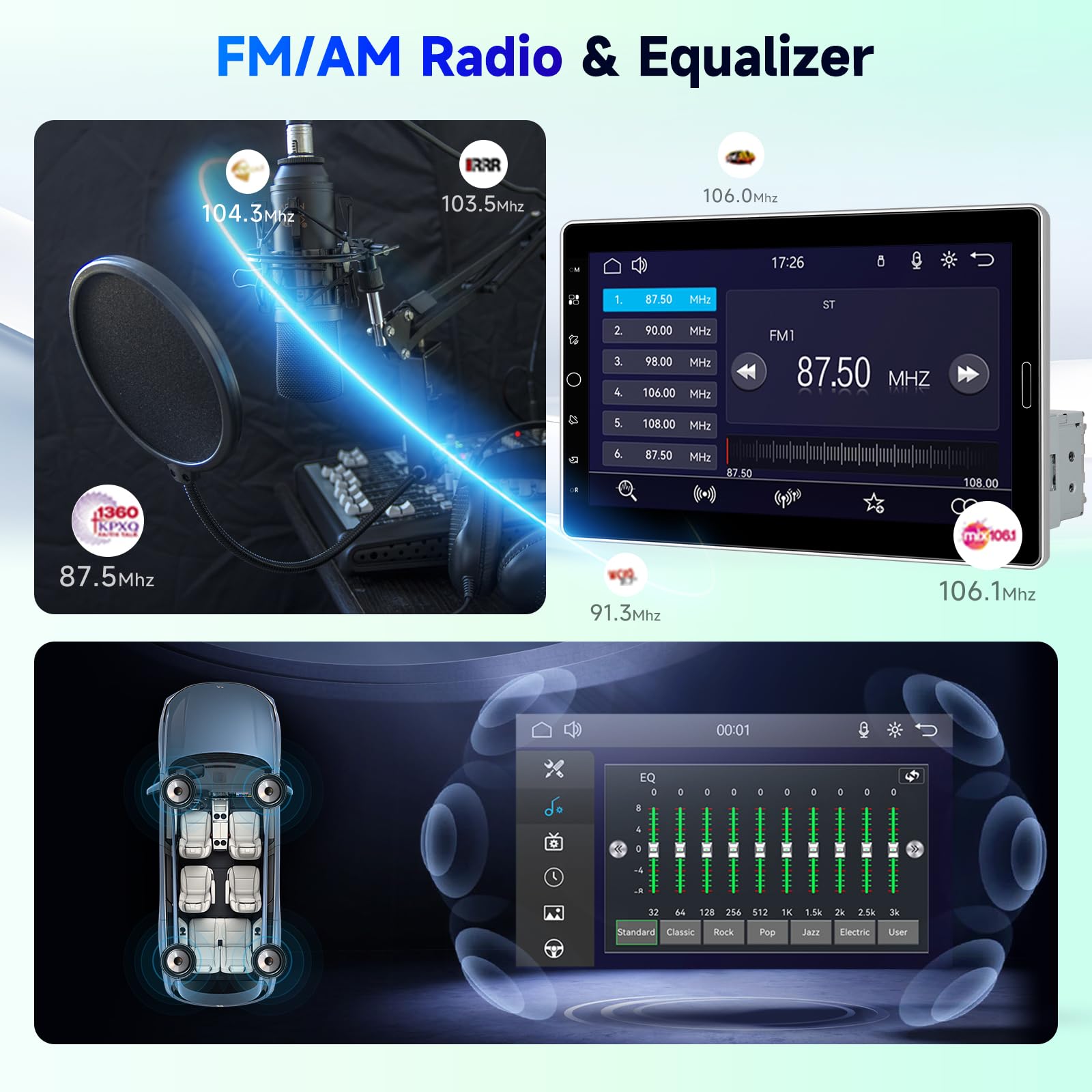 Radio de Coche 1 DIN Pantalla Táctil IPS 10,1" Giratoria Inalámbrica CarPlay Android Auto Bluetooth Am/FM/RDS Control Volante Ecualizador Mirror Link USB