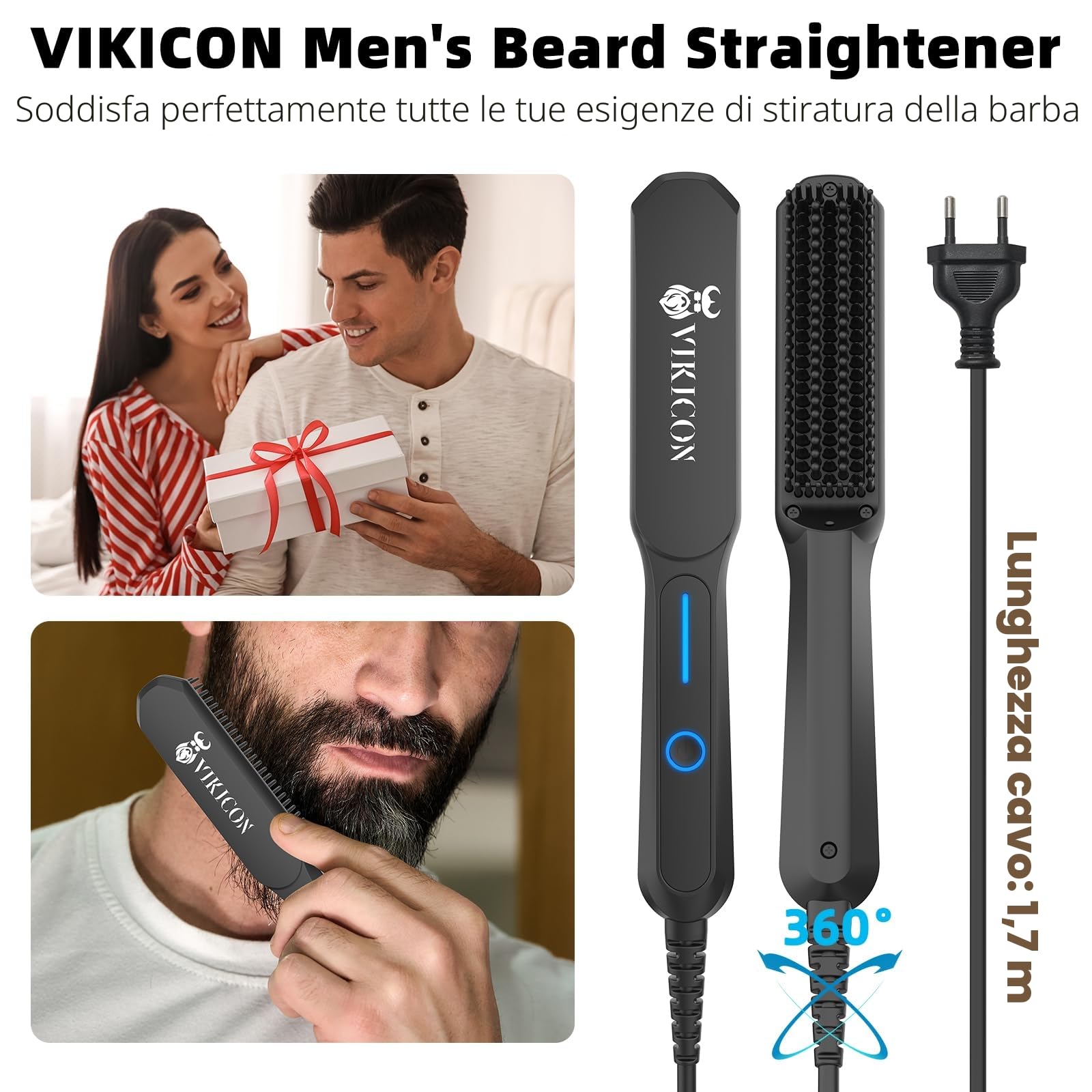 VIKICON Piastra per Capelli e Barba Uomo, Spazzola Lisciante Elettrica Professionale a Ioni Negativi per Capelli, Tre Temperature Regolabili, Portatile, Antiscottatura, Riscaldamento Rapido