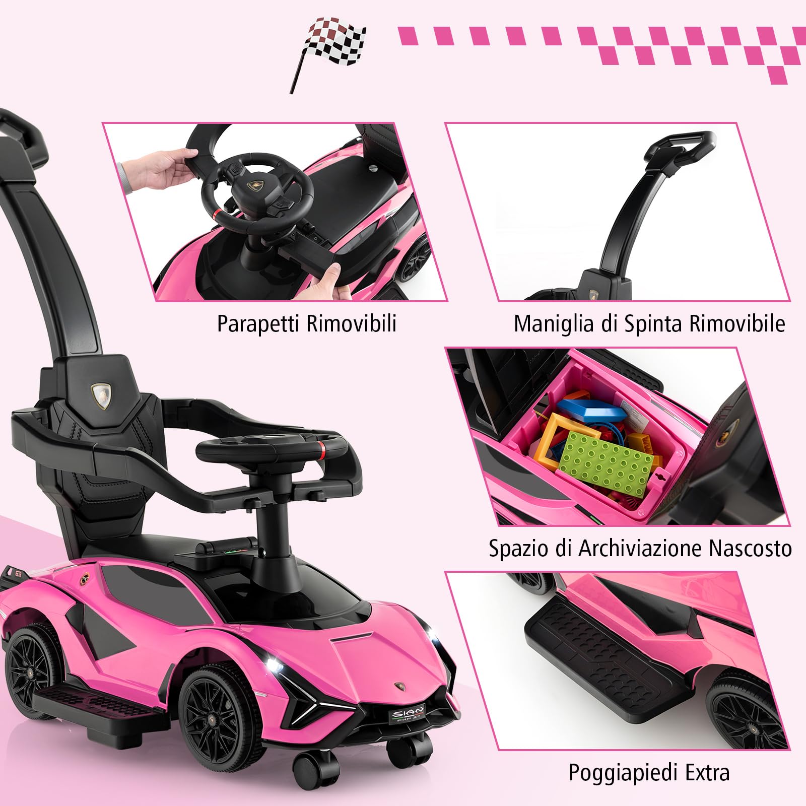 COSTWAY 3 in 1 Auto da Spinta, Auto Scorrevole con Paracolpi e Manubrio Rimovibili Musica e Fari, Spazio di Stoccaggio Nascosto e Ruote Universali Staccabili, Bambini 18-24 Mesi (Rosa)
