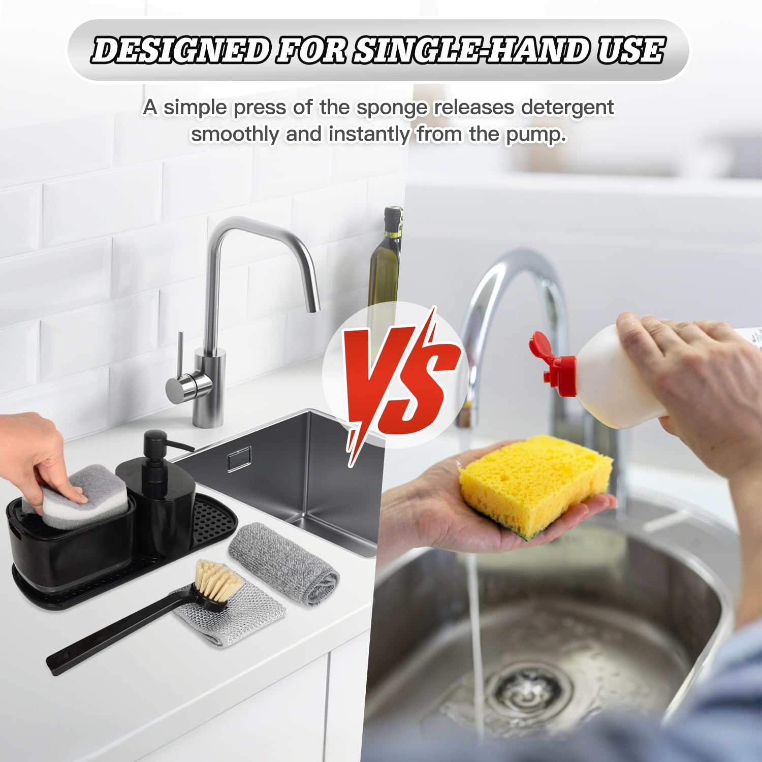 Dosificador Jabon Cocina, Juego de Organizador de Cocina Negro con Trapo, Cepillos y Esponja, Organizador de Fregadero Detergente Recargable, Caja de Almacenamiento de Fregadero de Jabón Líquido