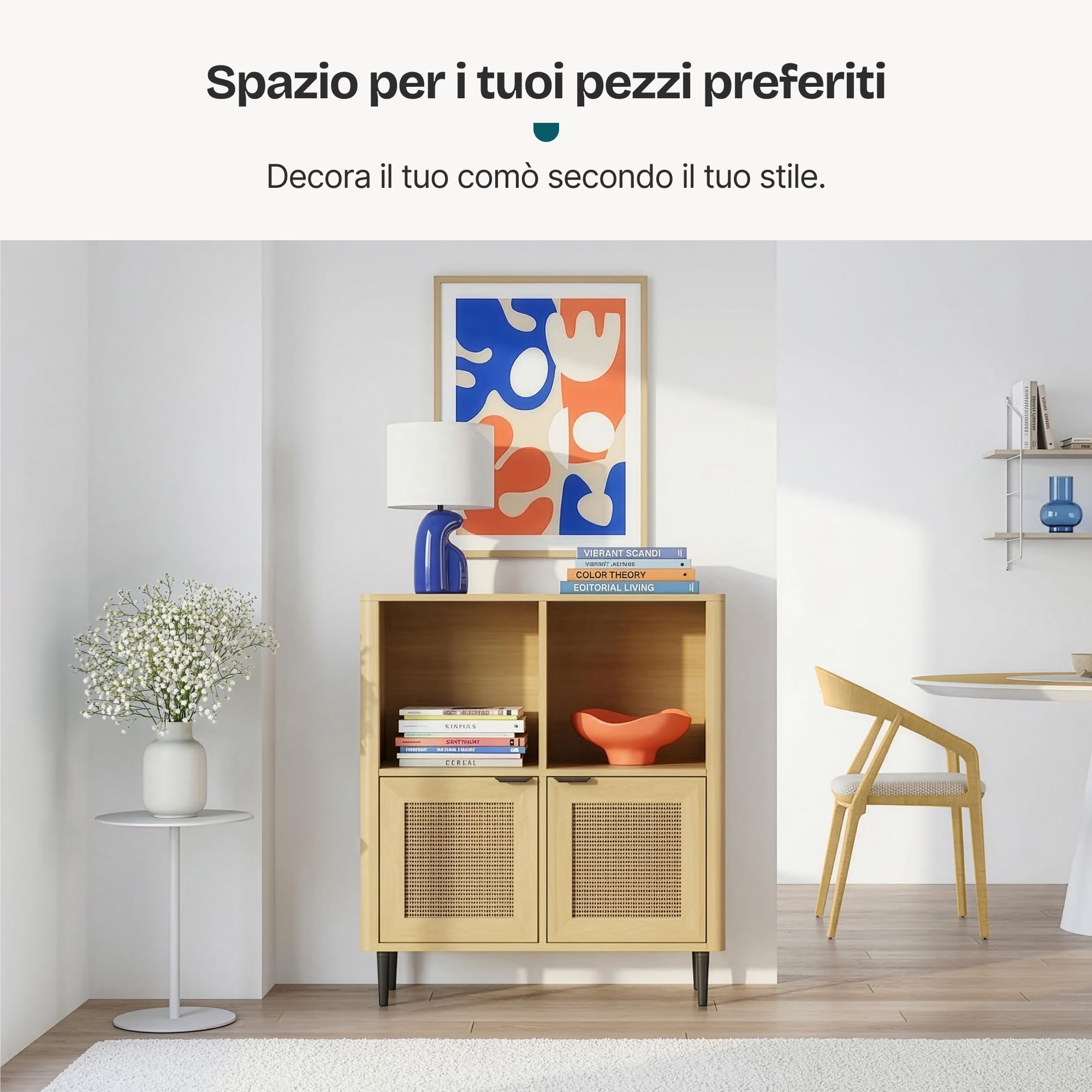 [en.casa] Mobile Contenitore Multiuso a 2 Ante Credenza con 4 Vani Portaoggetti Scomparti Chiusi Aperti per Soggiorno Camera da Letto Ingresso Studio 85 x 75 x 30 cm - Effetto Rovere/Rattan
