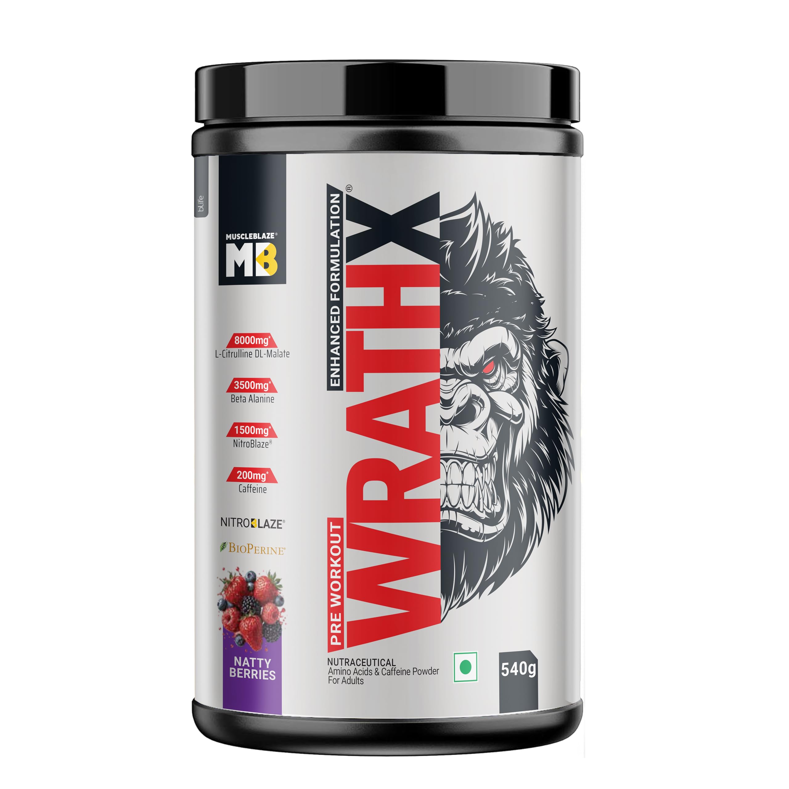 MuscleBlaze Pre Workout WrathX Powder, Natty Berries, 540g | 30 Servings