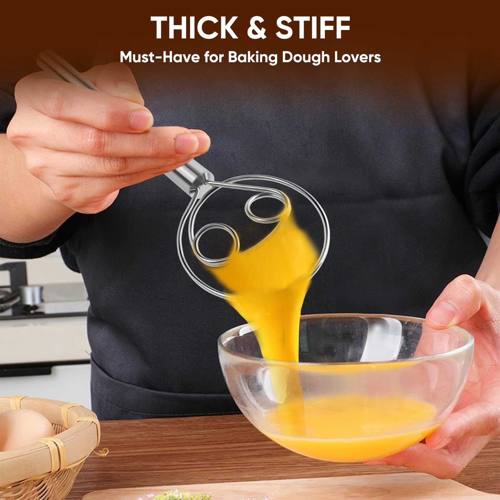 Maxjoy Batidor de masa danés, batidor de pan con gancho de acero inoxidable, batidor tradicional holandés, herramienta manual mezcladora de masa y herramientas y suministros para hacer pan de masa