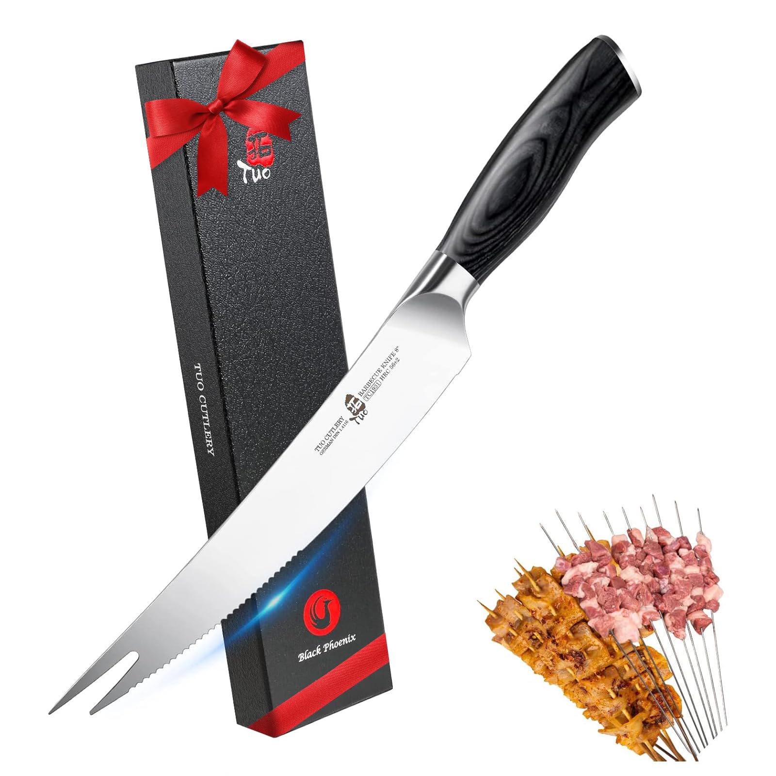 TUO BBQ Knife, 8 inch Roast Cutting Knife with Fork Tip for Grilled Meat Cutting, Serrated Edge, High Carbon German Steel, Comfortable Pakkawood Handle
