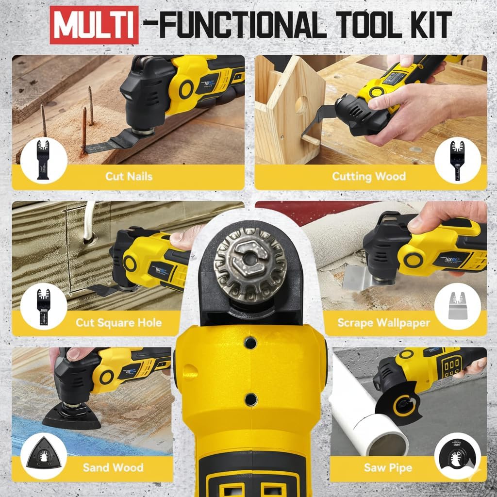 Cordless Oscillating Multi Tool Brushless Motor 6 Variable Speed Anti-vibration include 20V 2000mAh Battery13PCS Accessories for Cutting, Grinding, Scraping, Polishing