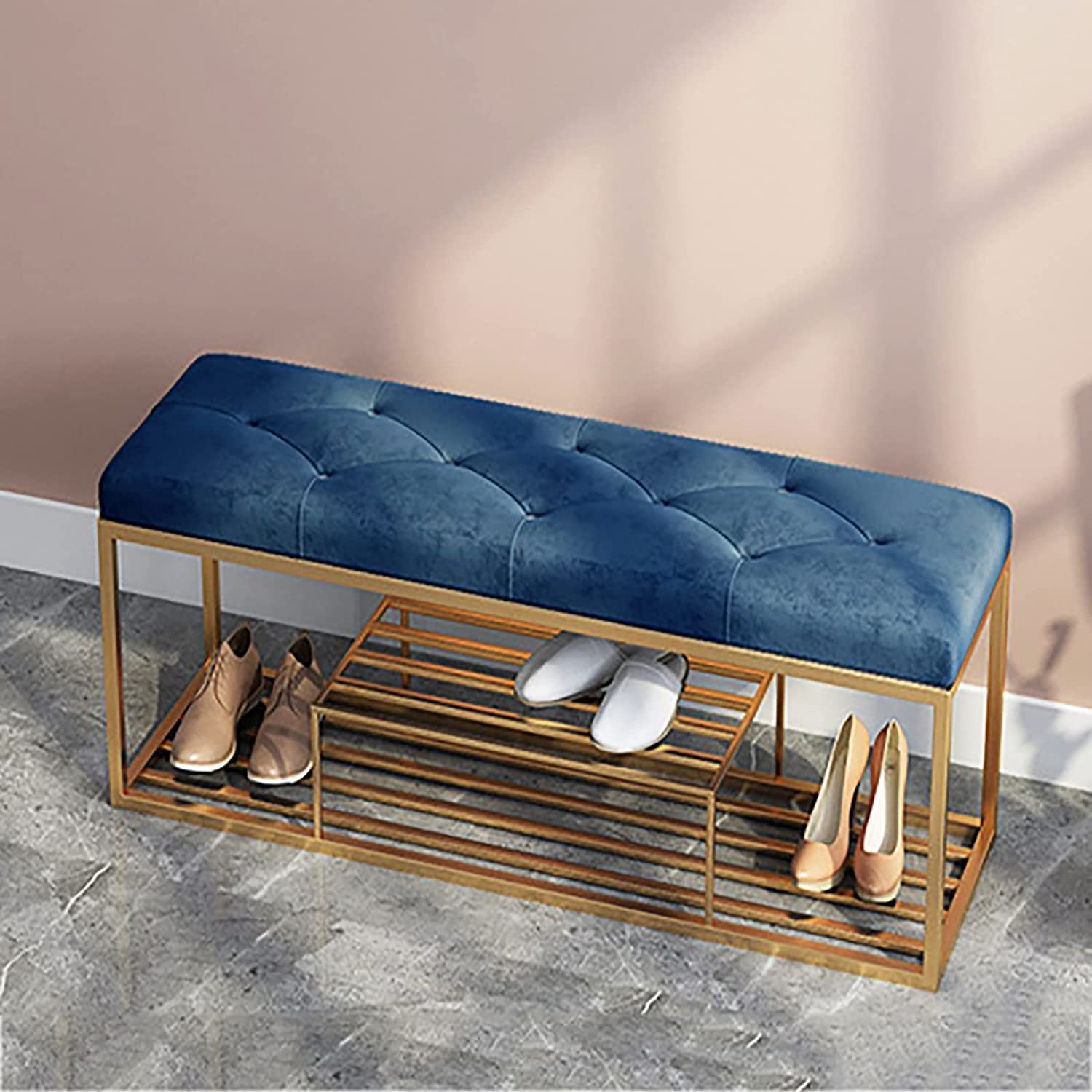 Banc de rangement luxueux en velours bleu meuble chic pour hall d'entrée