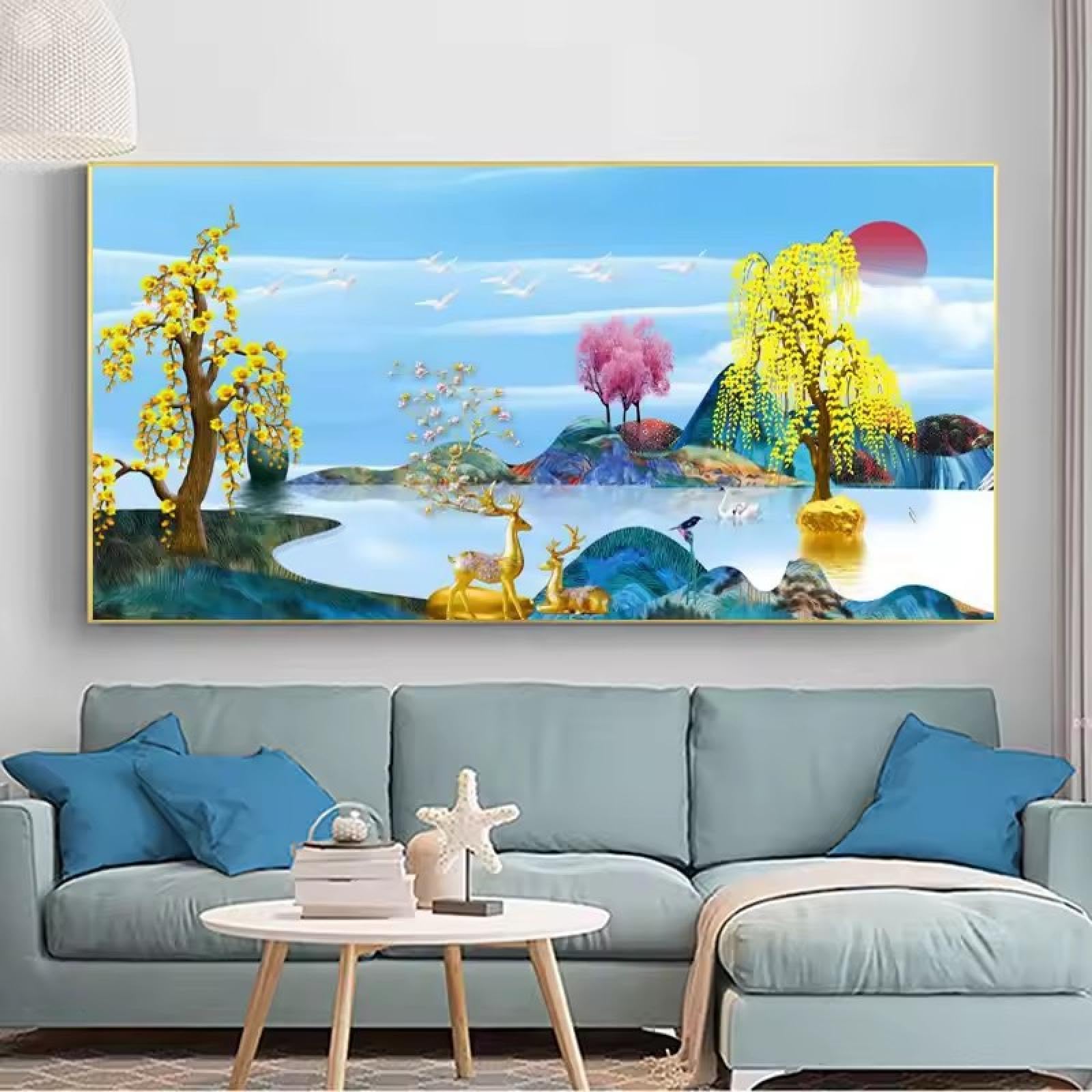 Tableau arbre doré et élan 50x100 cm avec cadre pour décoration de salon - 6