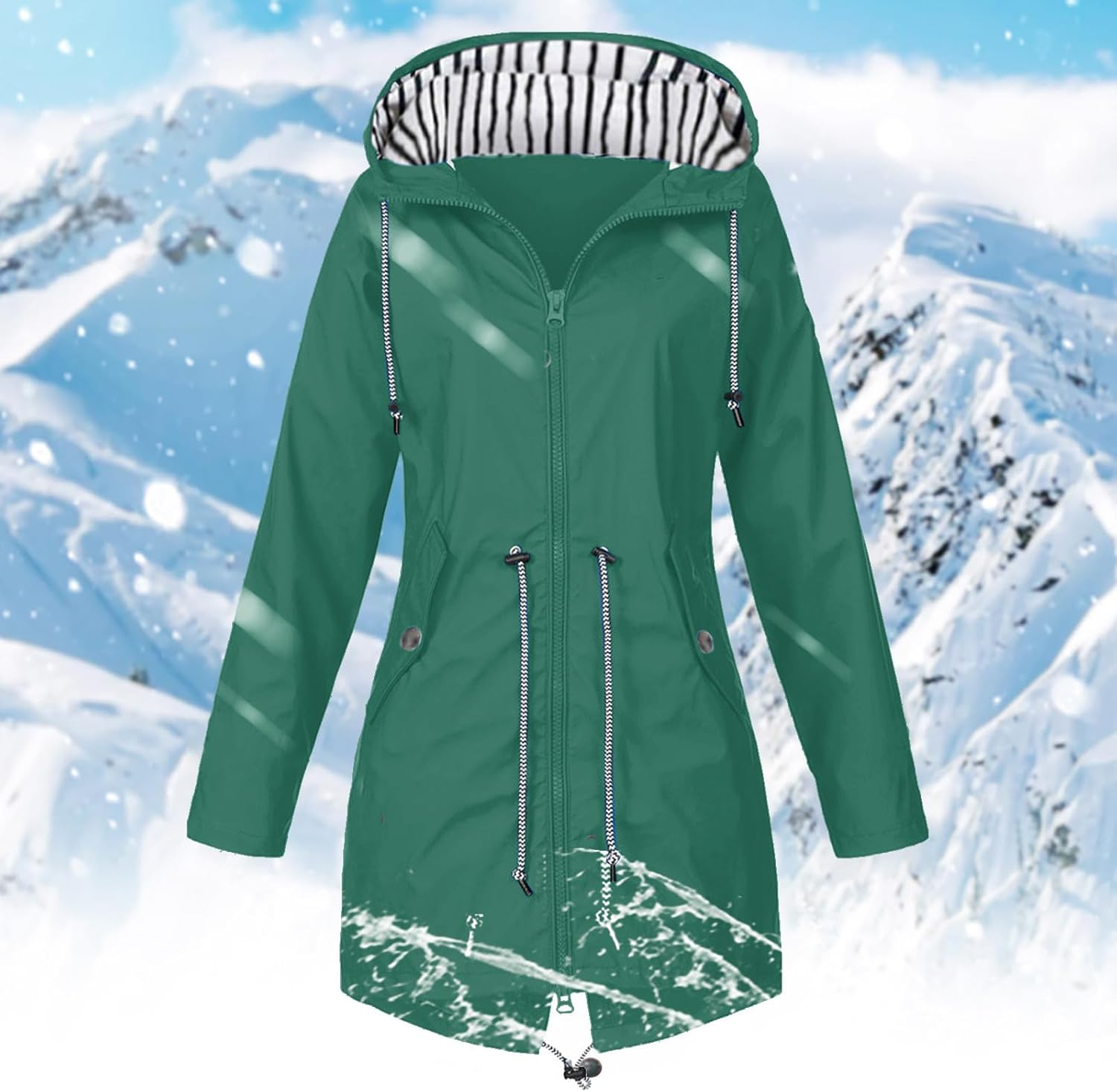 Women's Solid Fall Winter Waterproof Rain Jacket with Hood Zip Up Belt Lightweight Striped Windbreaker Cotton Heavy