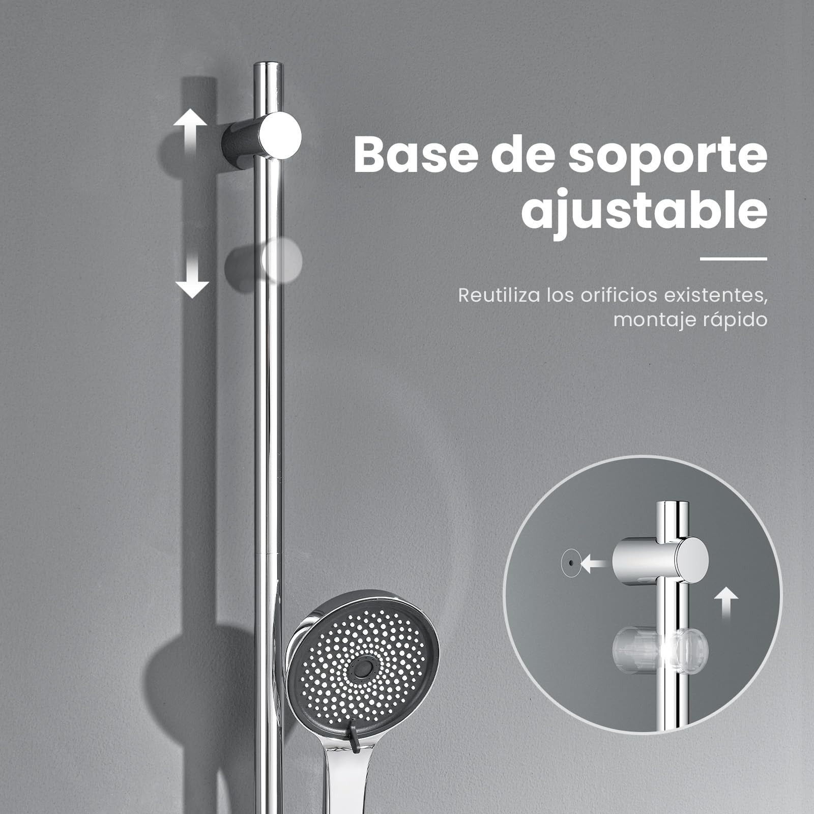 Auralum Barra de Ducha de Acero Inoxidable 70cm con Estante y Alcachofa de Ducha 5 Modos, Columna Ducha Sin Grifo Soporte Ajustable y Flexo Inoxidable de 150cm, Compatible con Orificios Existentes — view 4
