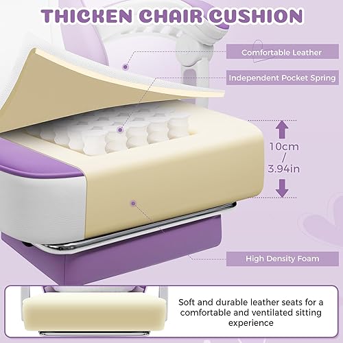 Miniatura 5 de HOFFREE Silla de Juegos para Niñas con Orejas de Gato y Masaje en la Zona Lumbar en Forma de Nube, Linda Silla de Computadora con Reposapiés, Sillas