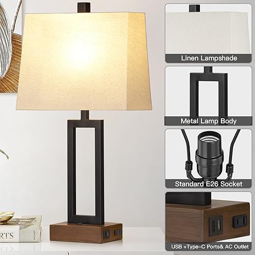 Miniatura 8 de Lámpara de mesa para dormitorio, juego de 2 con 2 puertos USB y toma de corriente alterna, lámpara de noche moderna de 23.5 pulgadas, lámpara