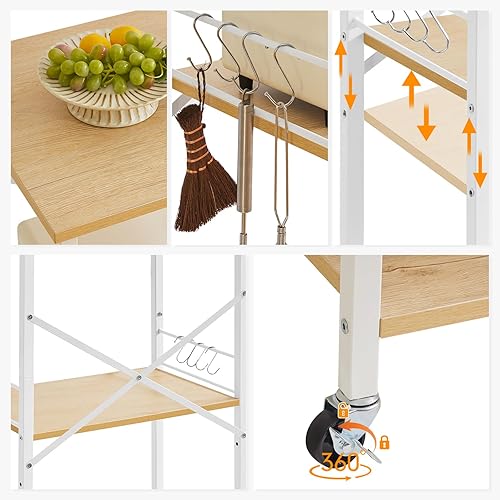 Miniatura 9 de IBUYKE Carrito de estante de cocina, soporte para horno de microondas de 3 niveles, estante para panadería con marco de metal y 8 ganchos, soporte