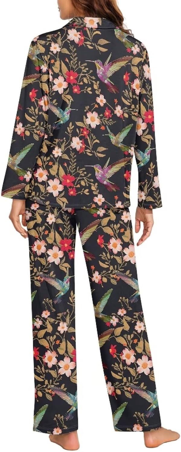 Irisjudy Womens Two-piece Sleepwear Long Sleeve Pj Set, Floral Casual Loungewear Soft Button Down Pajamas Set with Pockets