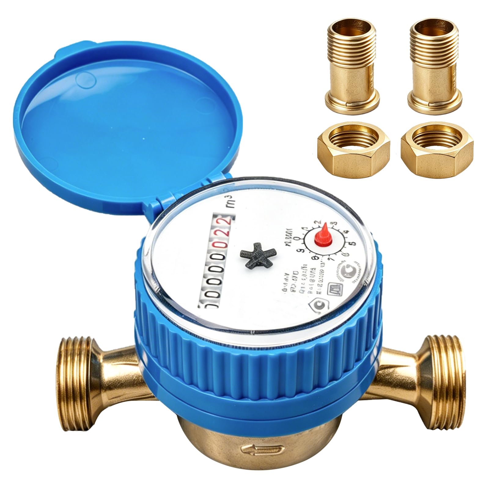 Compteur d'eau: 1/2 Pouce Horloge à Eau Froide, Compteur De Robinet avec Couvercle De Protection Et Connecteur en Laiton pour La Maison Le Jardin Et Un Usage Domestique (Bleu)