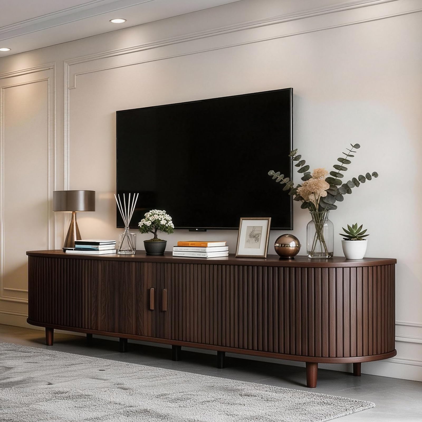 MXV 80 Inch Mid-Century Modern TV Stand with Sliding Doors Walnut