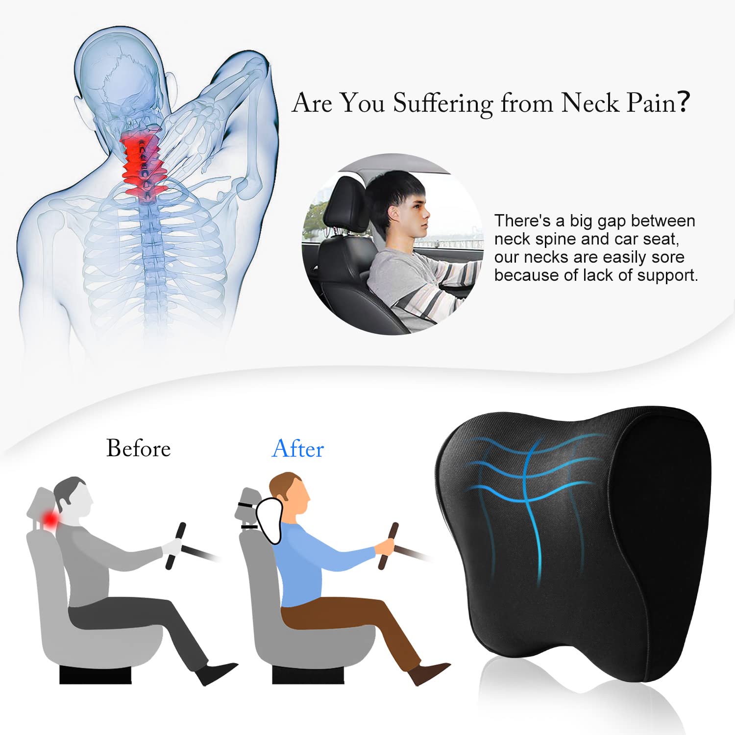 anzhixiu Car Neck Pillow Neck Support Pillow, Memory Foam Travel Neck