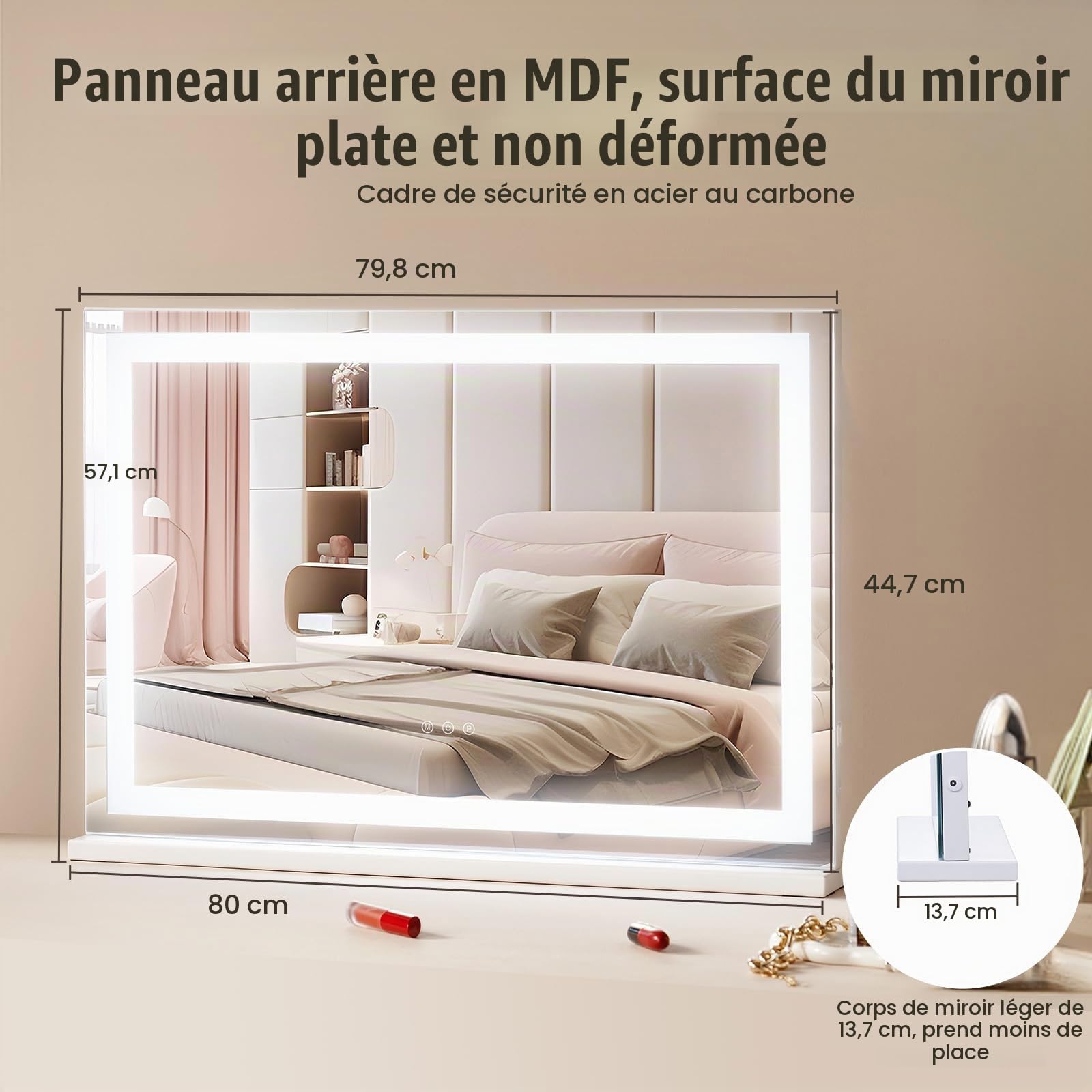 VEVOR Miroir de Maquillage Lumineux, 3 Modes Éclairage de Couleur, Grand Miroir Cosmétique Studio Lumière LED, Miroir Grossissant 5X, Port USB, Contrôle Tactile Intelligent, avec Support, 797x547 mm