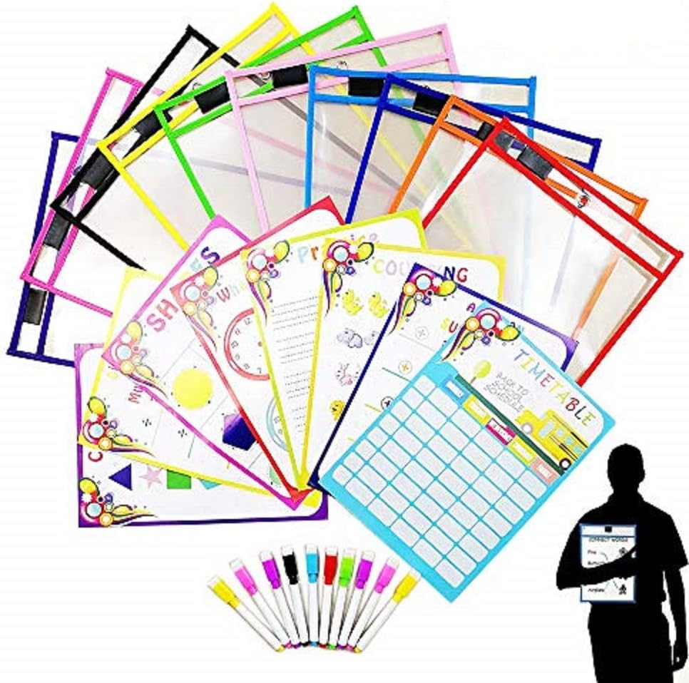 Dry Erase Pockets, Reusable Perfect for Classroom Organization, Teaching Supplies and Use at Work, Assorted Neon Colors