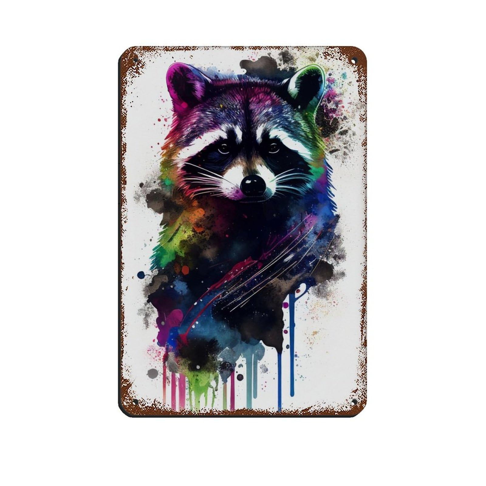 Watercolour Raccoon Portrait Poster Tin Sign Vintage Metal Pub Club Cafe Bar Home Wall Art Decoration Poster Retro 8x12inch(20x30cm)