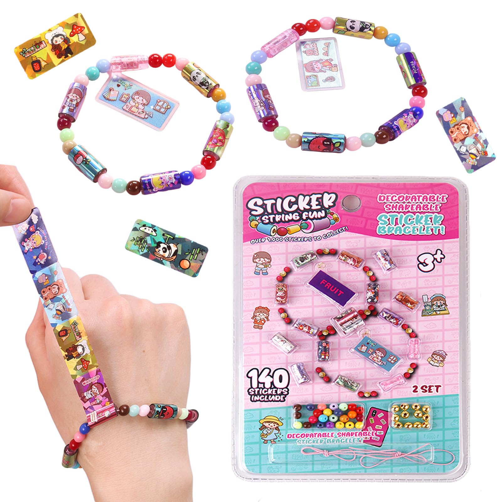 Afufu Sticker Bracelet Making Kit for Age 3+ Girls, 140 Mini Holographic Stickers| 2 Pendants| 2 Friendship Bracelets, Reusable Collectible Toy, DIY Sticker Jewelry Kit School Prize Party Favors