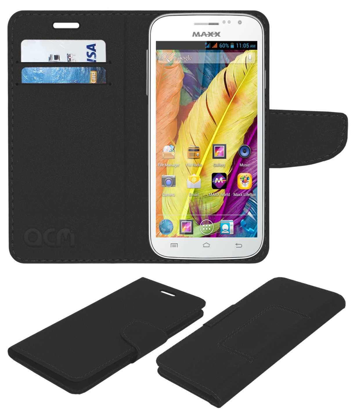 ACM Mobile Leather Flip Flap Wallet Case Compatible with Maxx Ax51 Mobile Cover Black