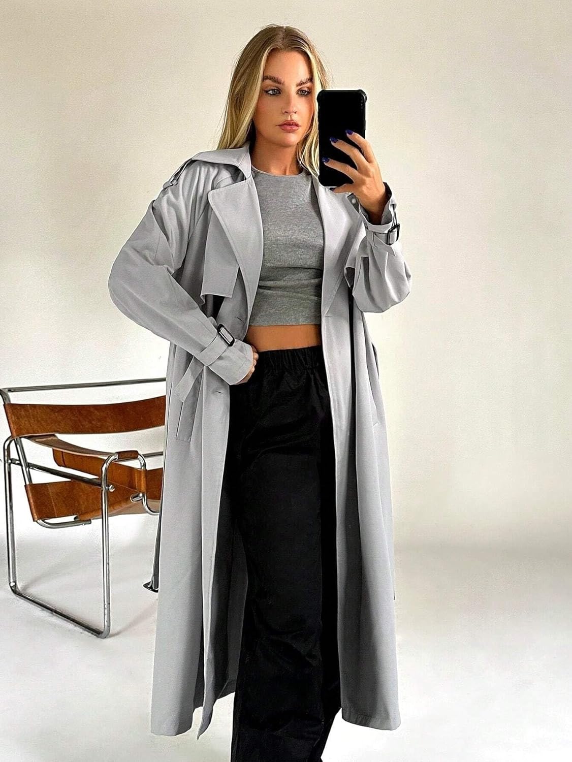 Women's Trench Coat Casual Lapel Neck Raglan Sleeve Belted Trench Coat Classic Overcoat